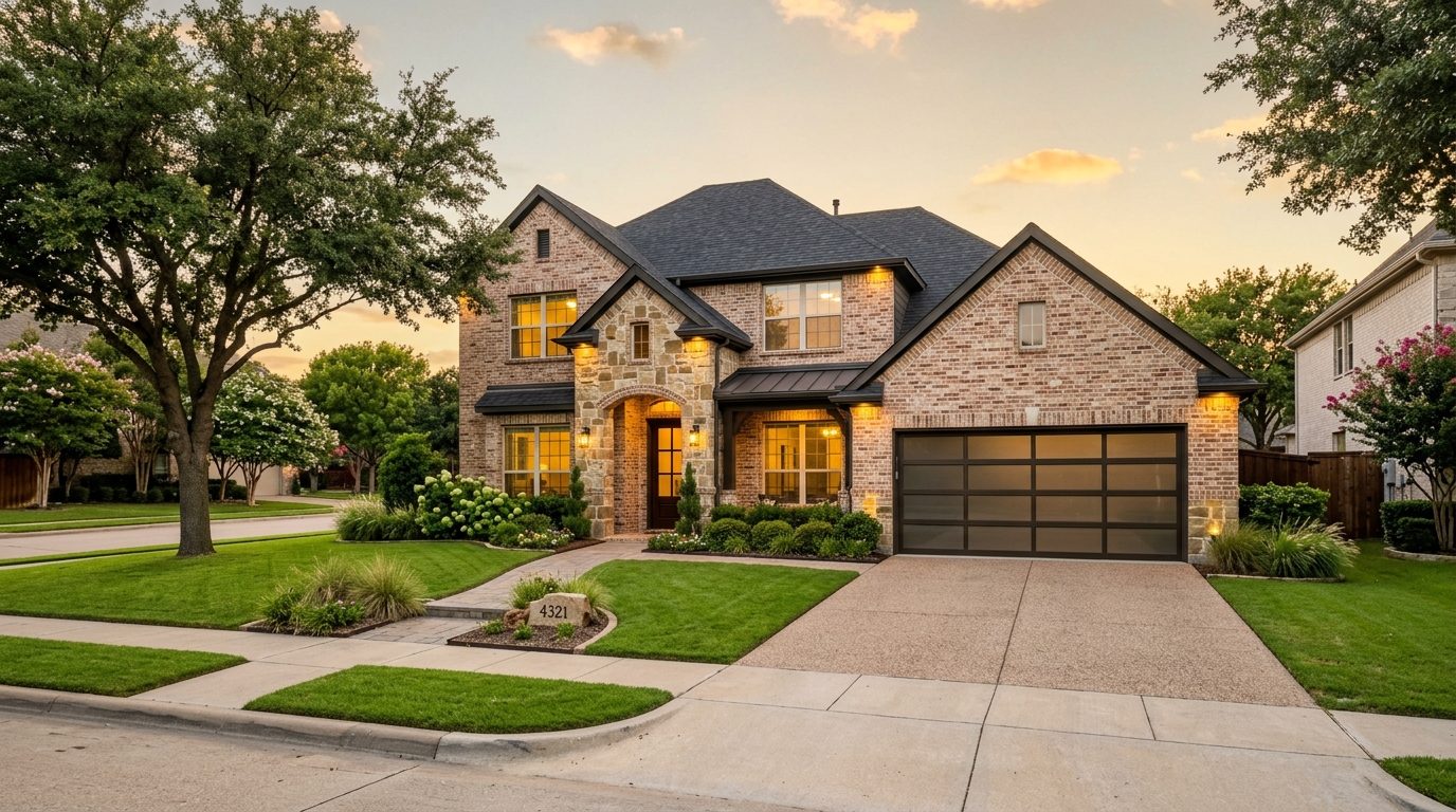 Brick home with a two-car garage door